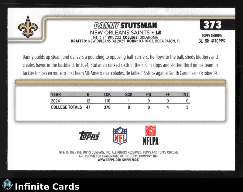 2025 Topps Chrome DANNY STUTSMAN #373 X-Fractor New Orleans Saints RC - Football Card Single