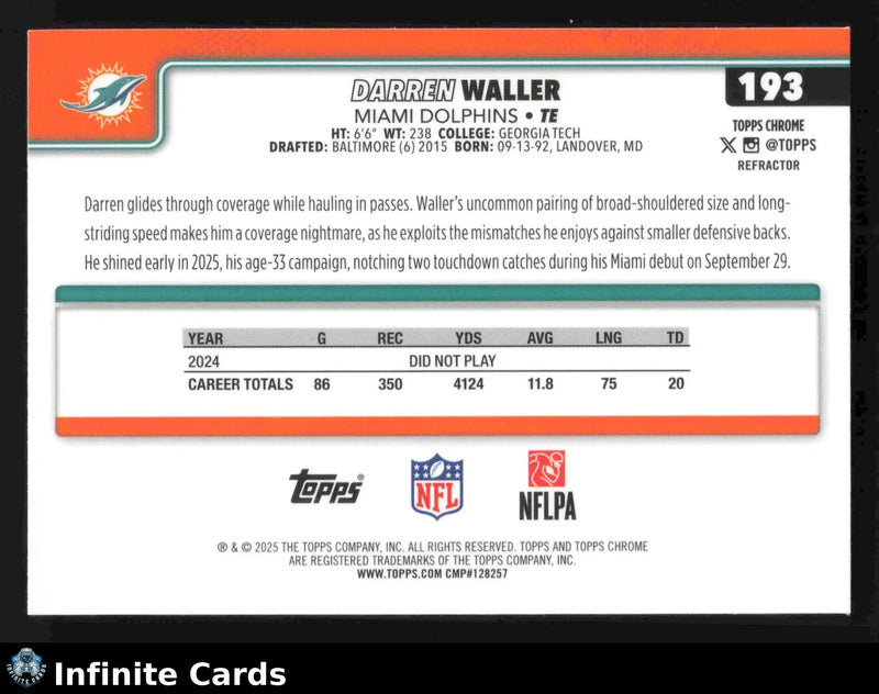 2025 Topps Chrome DARREN WALLER #193 Refractor Miami Dolphins - Football Card Single