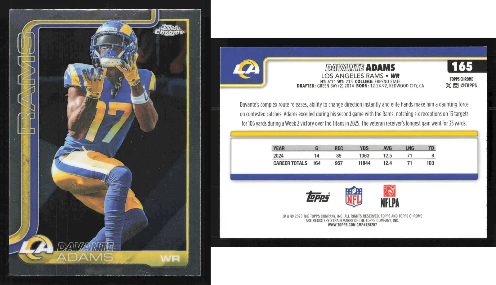 2025 Topps Chrome DAVANTE ADAMS #165 Los Angeles Rams - Football Card Single