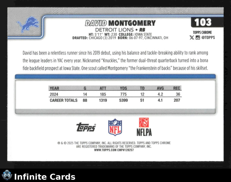 2025 Topps Chrome DAVID MONTGOMERY #103 Detroit Lions - Football Card Single