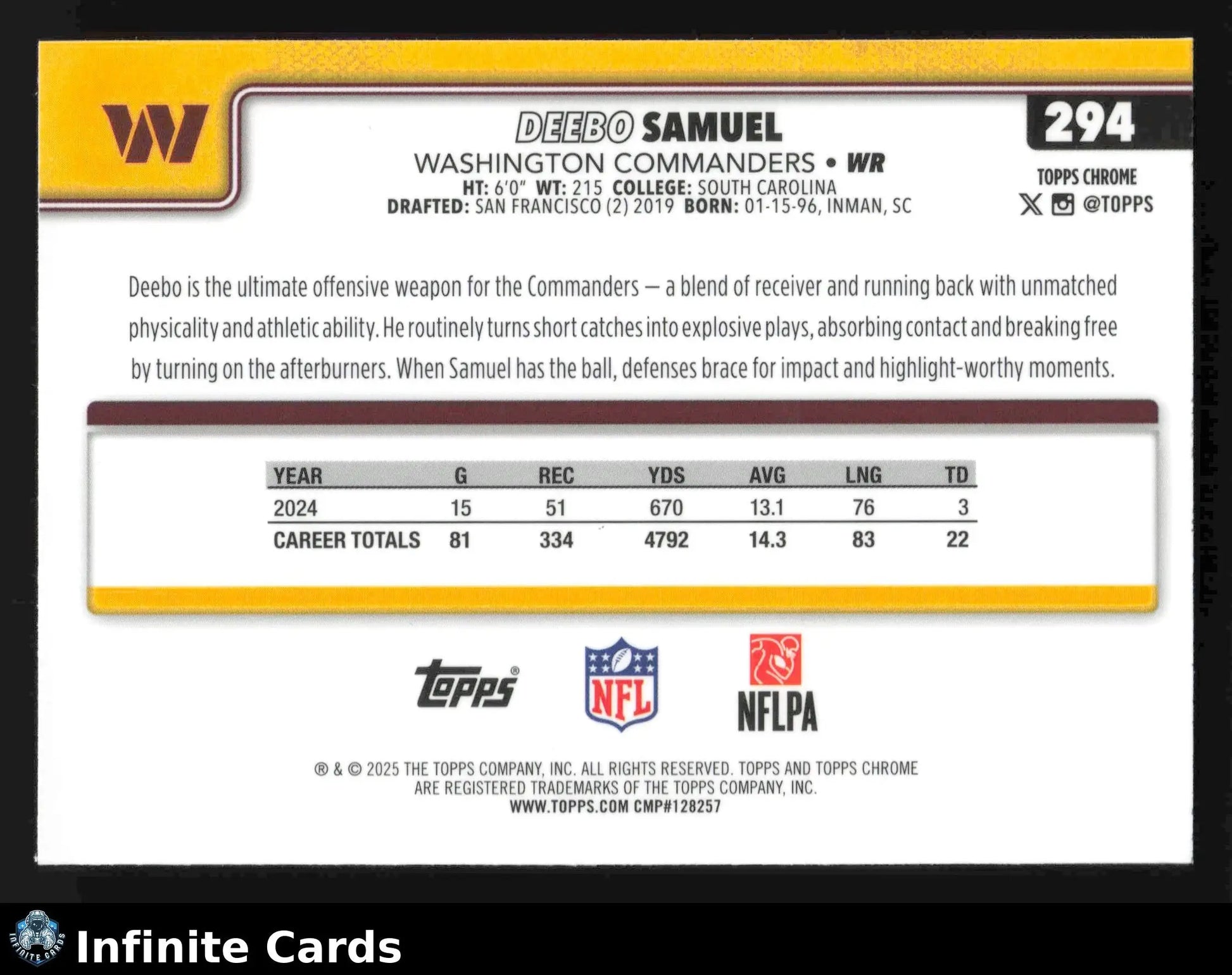2025 Topps Chrome DEEBO SAMUEL #294 Chrome Washington Commanders - Football Card Single