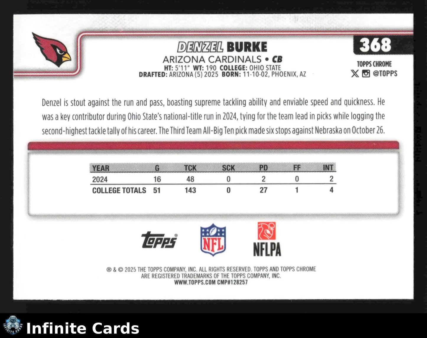 2025 Topps Chrome DENZEL BURKE #368 Arizona Cardinals RC - Football Card Single