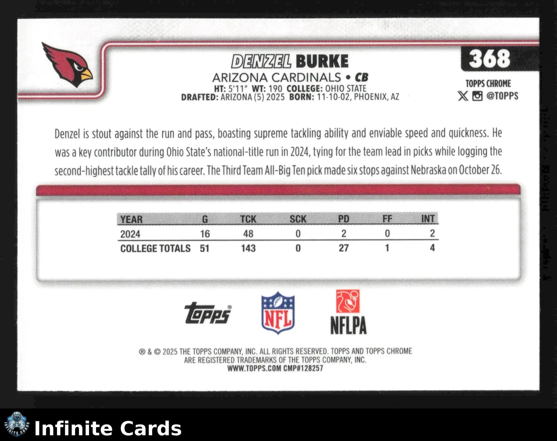 2025 Topps Chrome DENZEL BURKE #368 Arizona Cardinals RC - Football Card Single