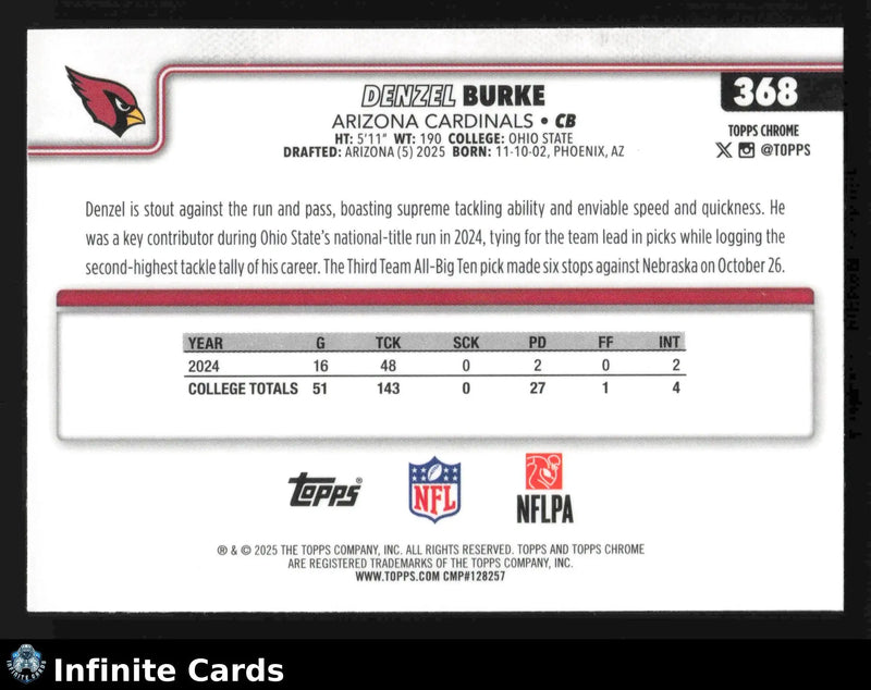 2025 Topps Chrome DENZEL BURKE #368 Arizona Cardinals RC - Football Card Single