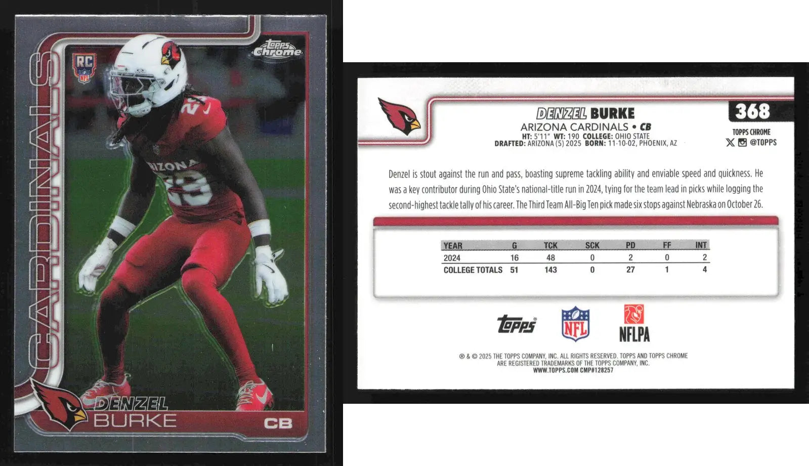 2025 Topps Chrome DENZEL BURKE #368 Arizona Cardinals RC - Football Card Single