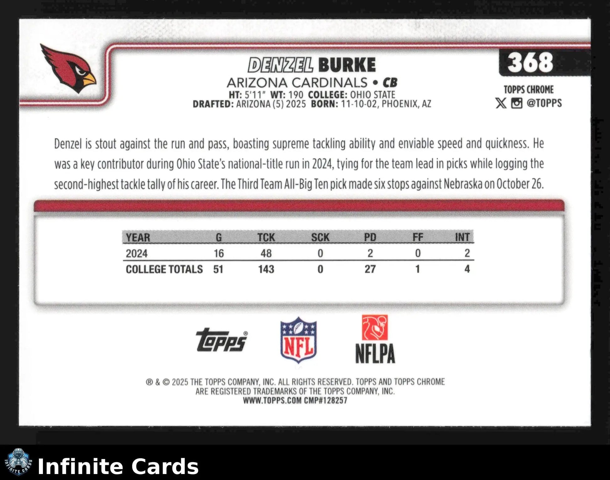 2025 Topps Chrome DENZEL BURKE #368 X-Fractor Arizona Cardinals RC - Football Card Single