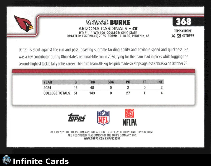 2025 Topps Chrome DENZEL BURKE #368 X-Fractor Arizona Cardinals RC - Football Card Single
