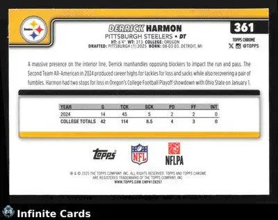 2025 Topps Chrome DERRICK HARMON #361 Chrome Pittsburgh Steelers RC - Football Card Single