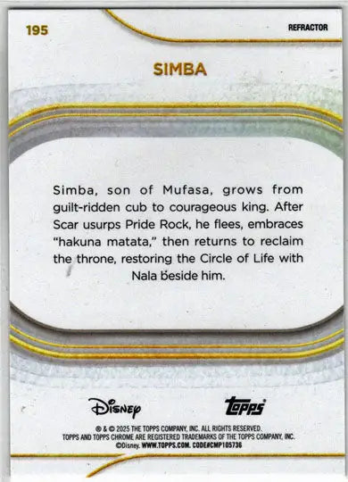 2025 Topps Chrome Disney Refractor Parallel Card 195 Simba - Non-Sports Card Single