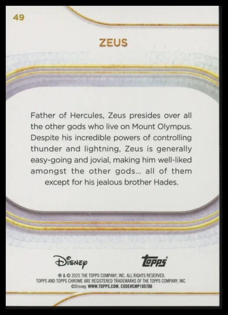 2025 Topps Chrome Disney Zeus #49 Hercules Trading Card - Non-Sports Card Single