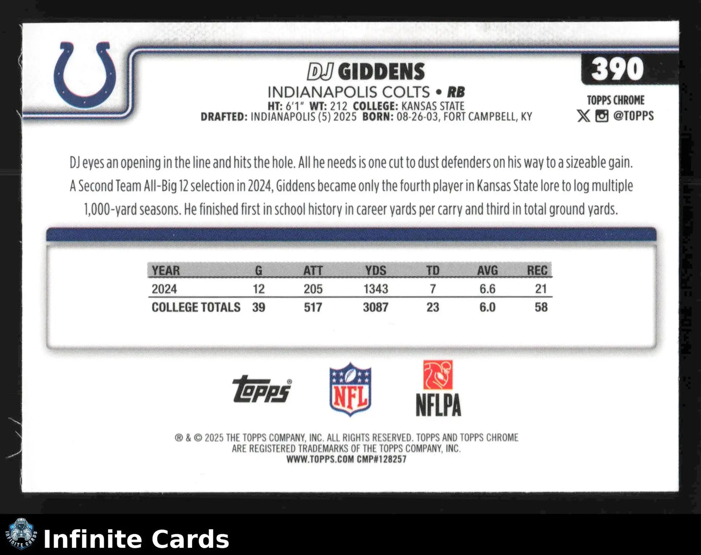 2025 Topps Chrome DJ GIDDENS #390 Indianapolis Colts RC - Football Card Single