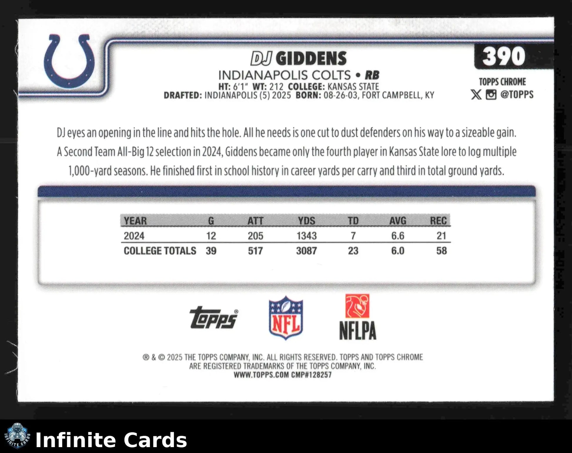 2025 Topps Chrome DJ GIDDENS #390 Indianapolis Colts RC - Football Card Single