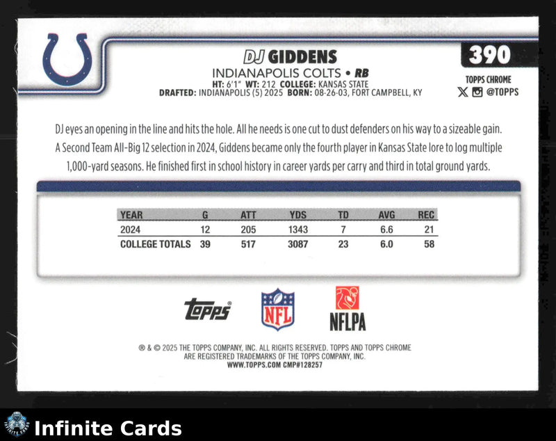 2025 Topps Chrome DJ GIDDENS #390 Indianapolis Colts RC - Football Card Single