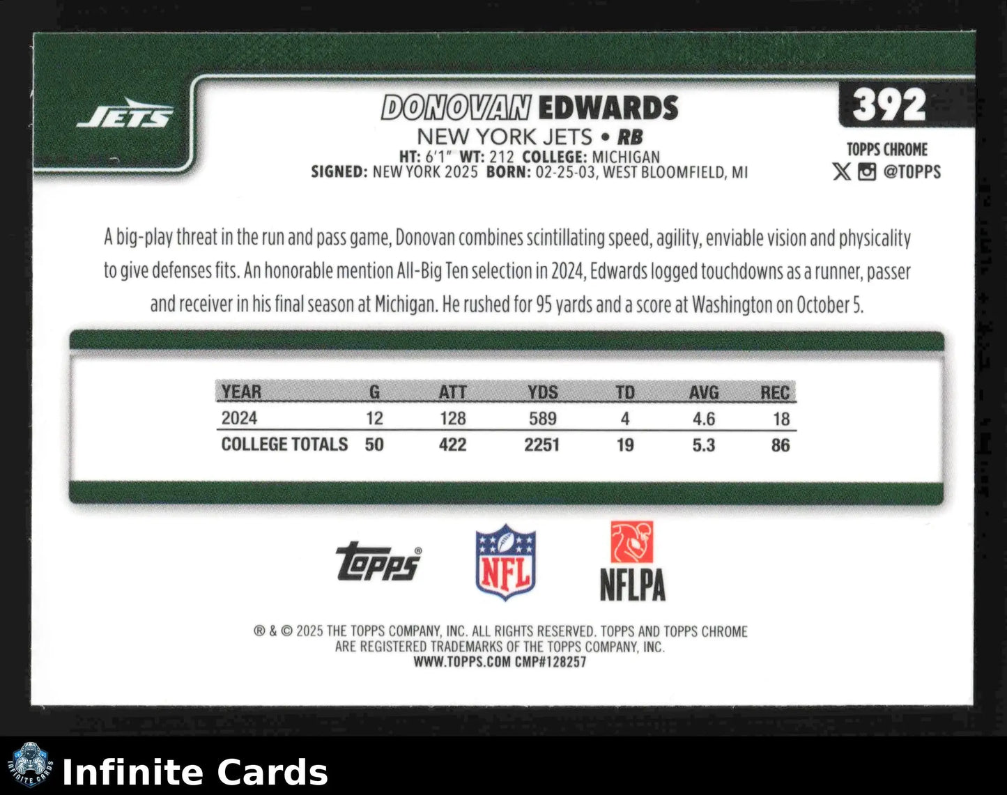 2025 Topps Chrome DONOVAN EDWARDS #392 Lime Green X-Fractor New York Jets RC - Football Card Single