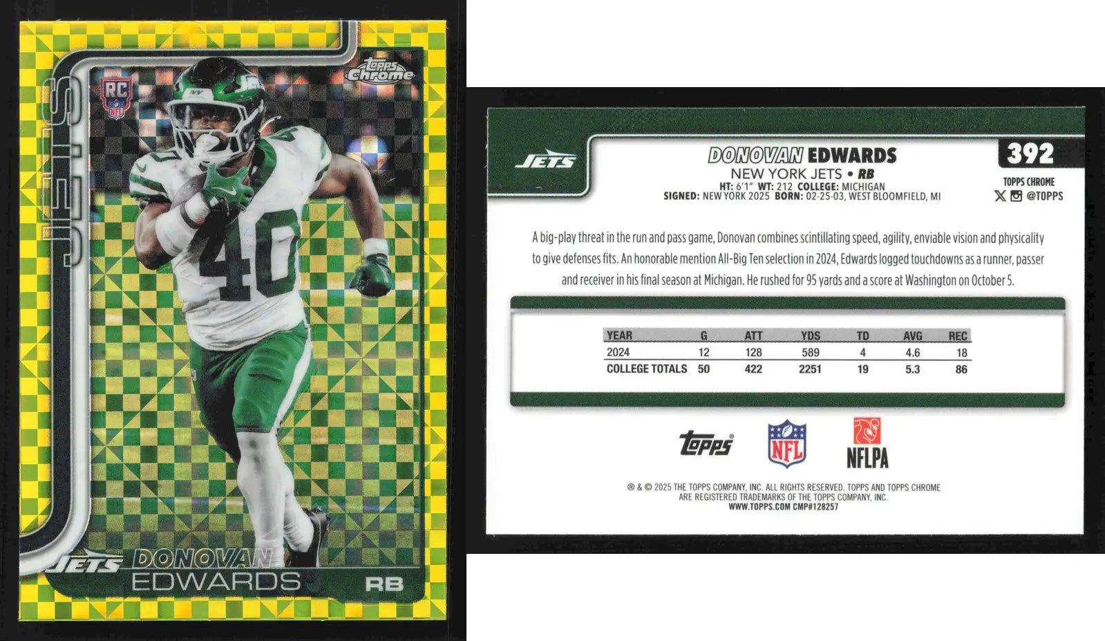 2025 Topps Chrome DONOVAN EDWARDS #392 Lime Green X-Fractor New York Jets RC - Football Card Single