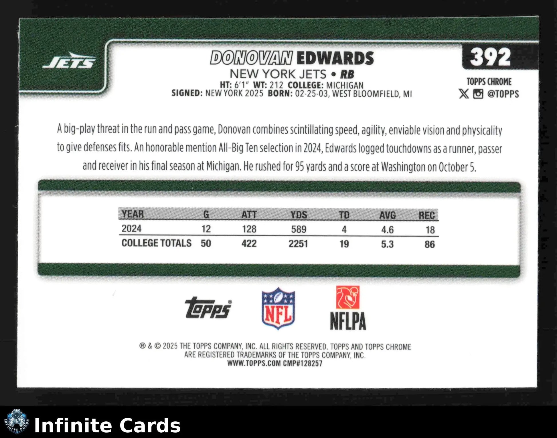 2025 Topps Chrome DONOVAN EDWARDS #392 New York Jets RC - Football Card Single