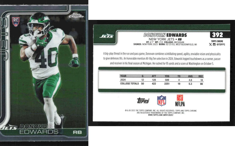 2025 Topps Chrome DONOVAN EDWARDS #392 New York Jets RC - Football Card Single