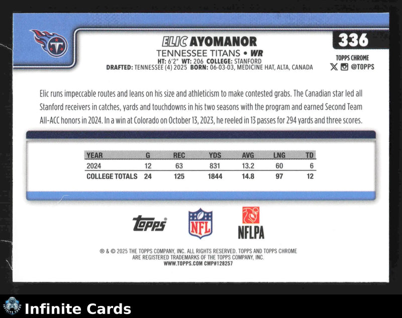 2025 Topps Chrome ELIC AYOMANOR #336 Tennessee Titans RC - Football Card Single