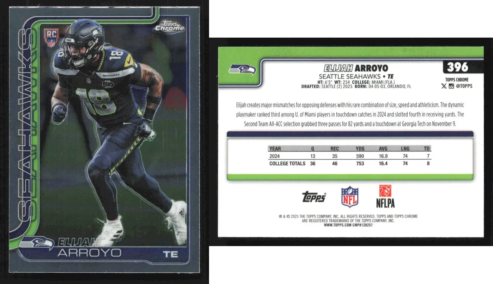 2025 Topps Chrome ELIJAH ARROYO #396 Refractor Seattle Seahawks RC - Football Card Single