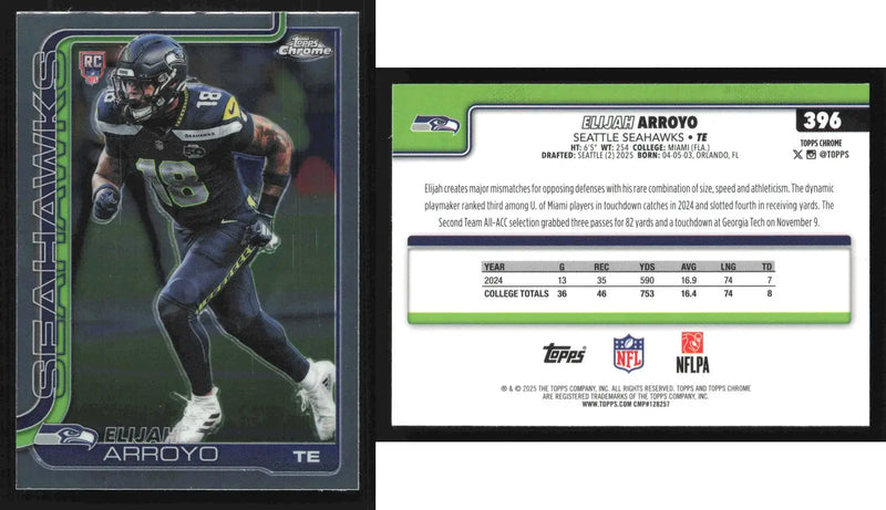 2025 Topps Chrome ELIJAH ARROYO #396 Refractor Seattle Seahawks RC - Football Card Single