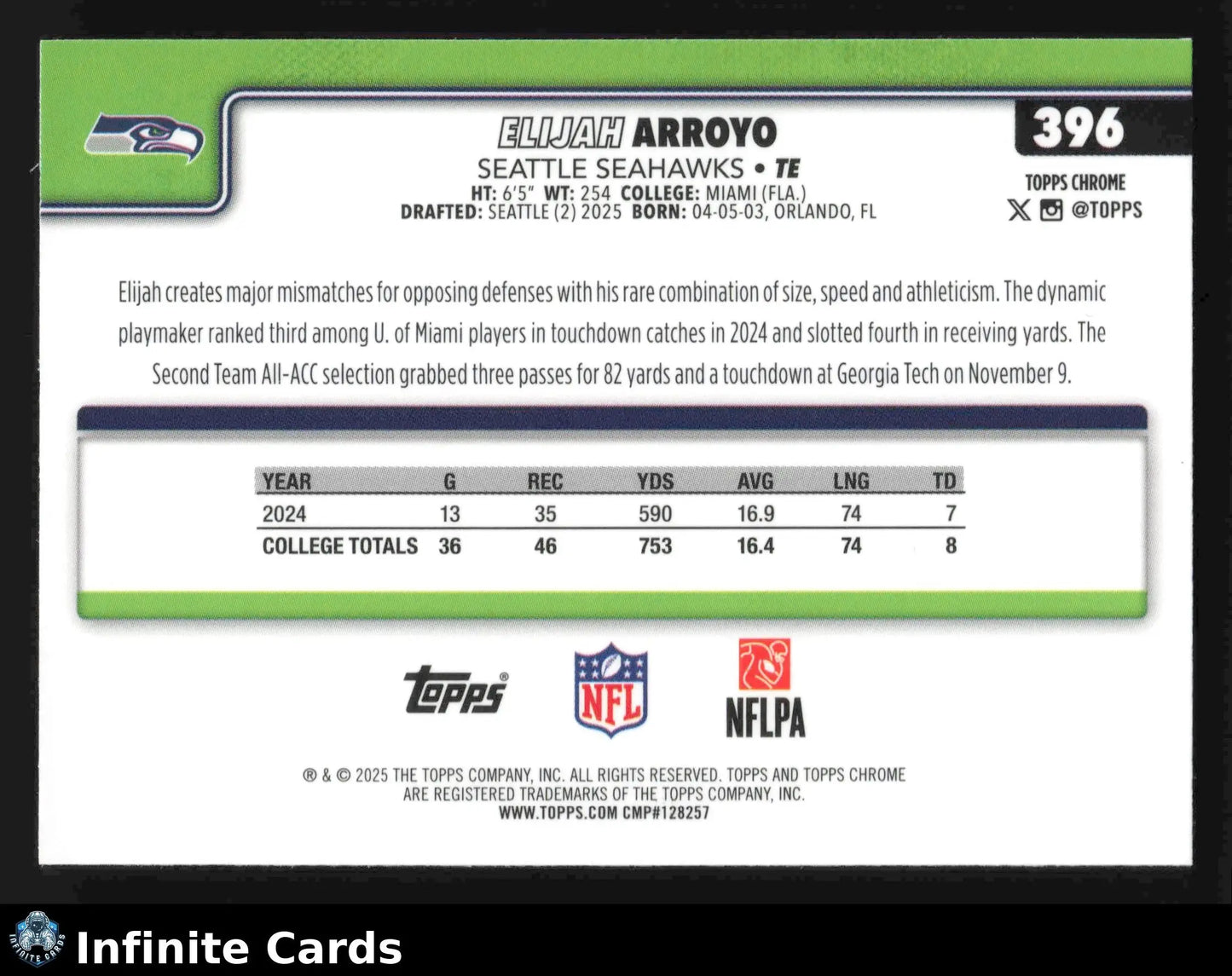 2025 Topps Chrome ELIJAH ARROYO #396 Refractor Seattle Seahawks RC - Football Card Single