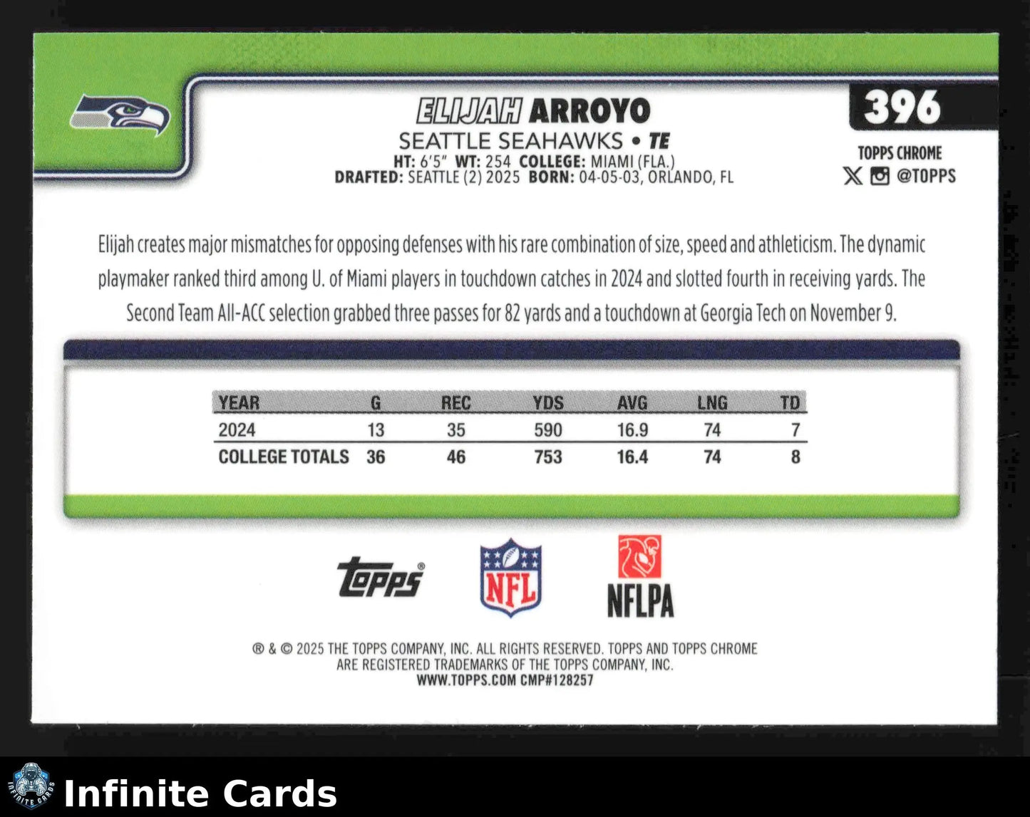 2025 Topps Chrome ELIJAH ARROYO #396 X-Fractor Seattle Seahawks RC - Football Card Single