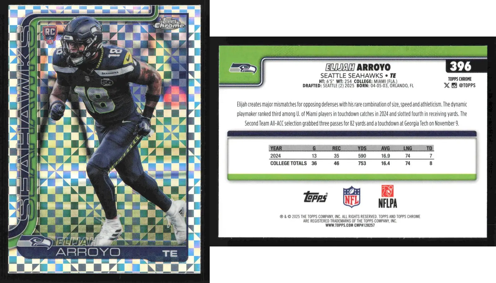 2025 Topps Chrome ELIJAH ARROYO #396 X-Fractor Seattle Seahawks RC - Football Card Single