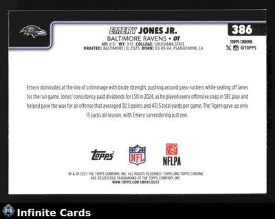 2025 Topps Chrome EMERY JONES JR. #386 RC Baltimore Ravens RC - Football Card Single