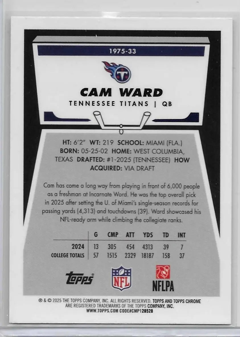 2025 Topps Chrome Football Cam Ward 1975-33 Retro Throwback Rookie Card RC (1167 - Football Card Single