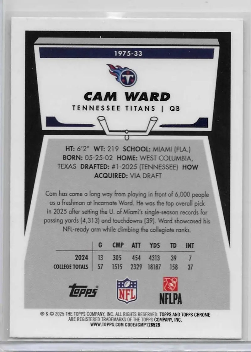2025 Topps Chrome Football Cam Ward 1975-33 Retro Throwback Rookie Card RC (1167 - Football Card Single