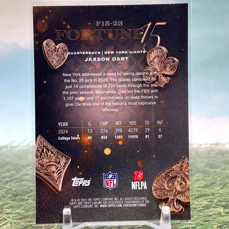 2025 Topps Chrome Football Jaxson Dart Rookie (RC) Fortune 15 New York Giants - Football Card Single