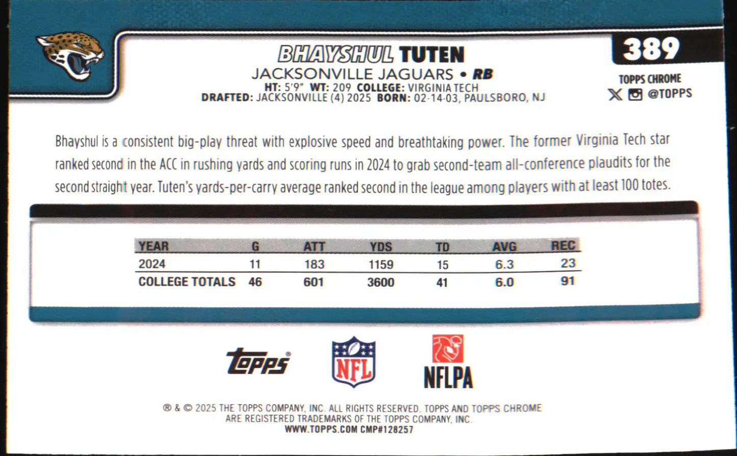 2025 Topps Chrome Football Leather Refractor #389 Bhayshul Tuten Rookie Rookie