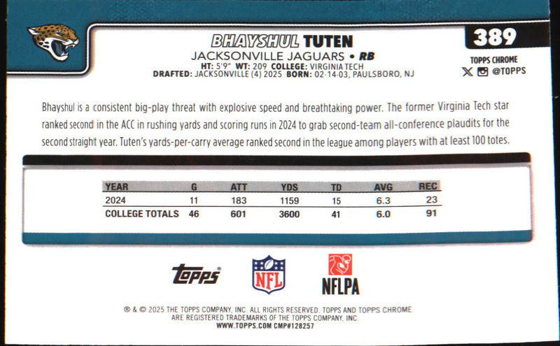 2025 Topps Chrome Football Leather Refractor #389 Bhayshul Tuten Rookie Rookie