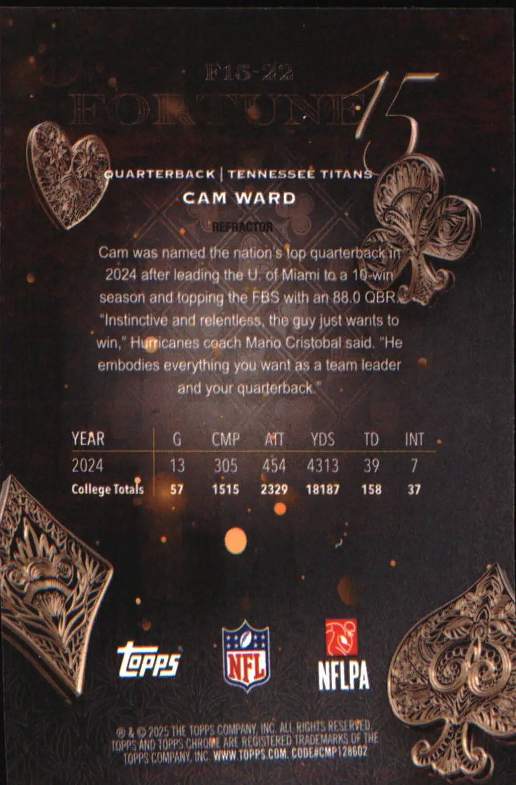 2025 Topps Chrome Fortune 15 Refractor #F15-22 Cam Ward