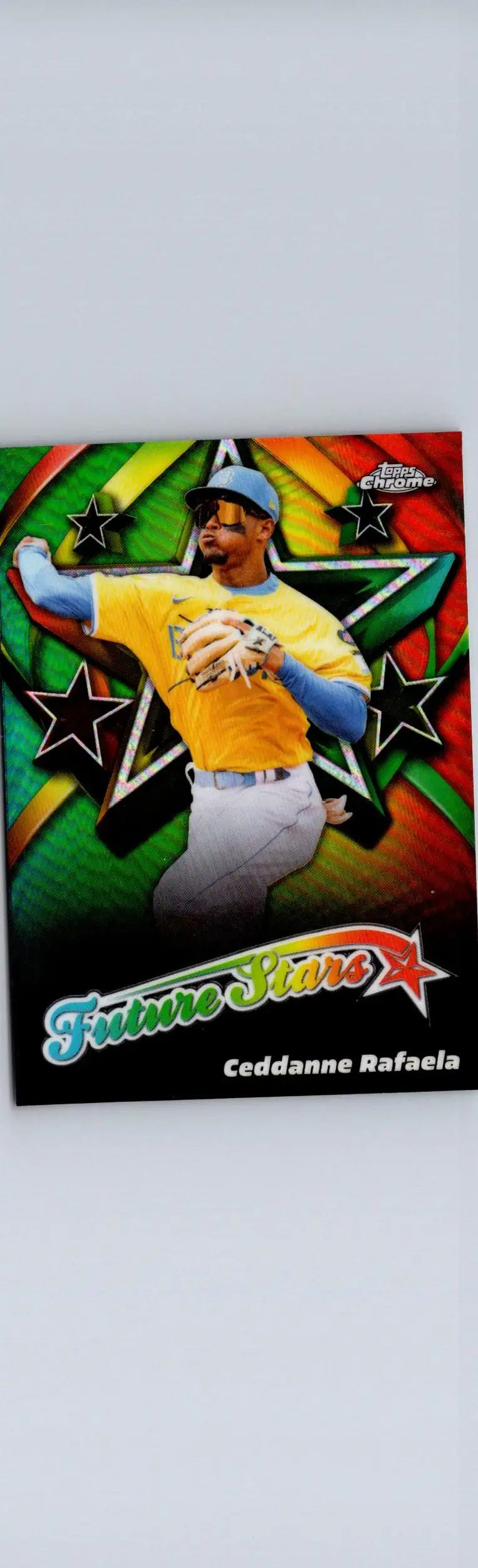 Baseball trading card of Ceddanne Rafaela with colorful star background for Rafaela Future Stars