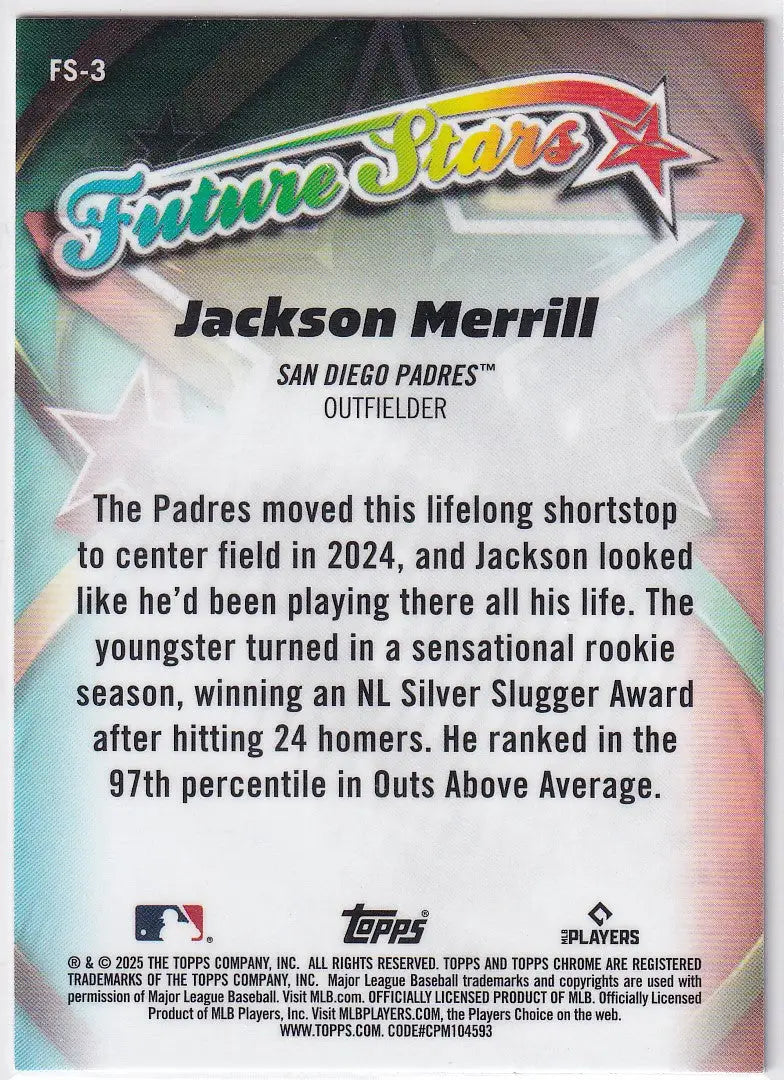 Collectible 2025 Topps Chrome Future Stars Jackson Merrill San Diego Padres card