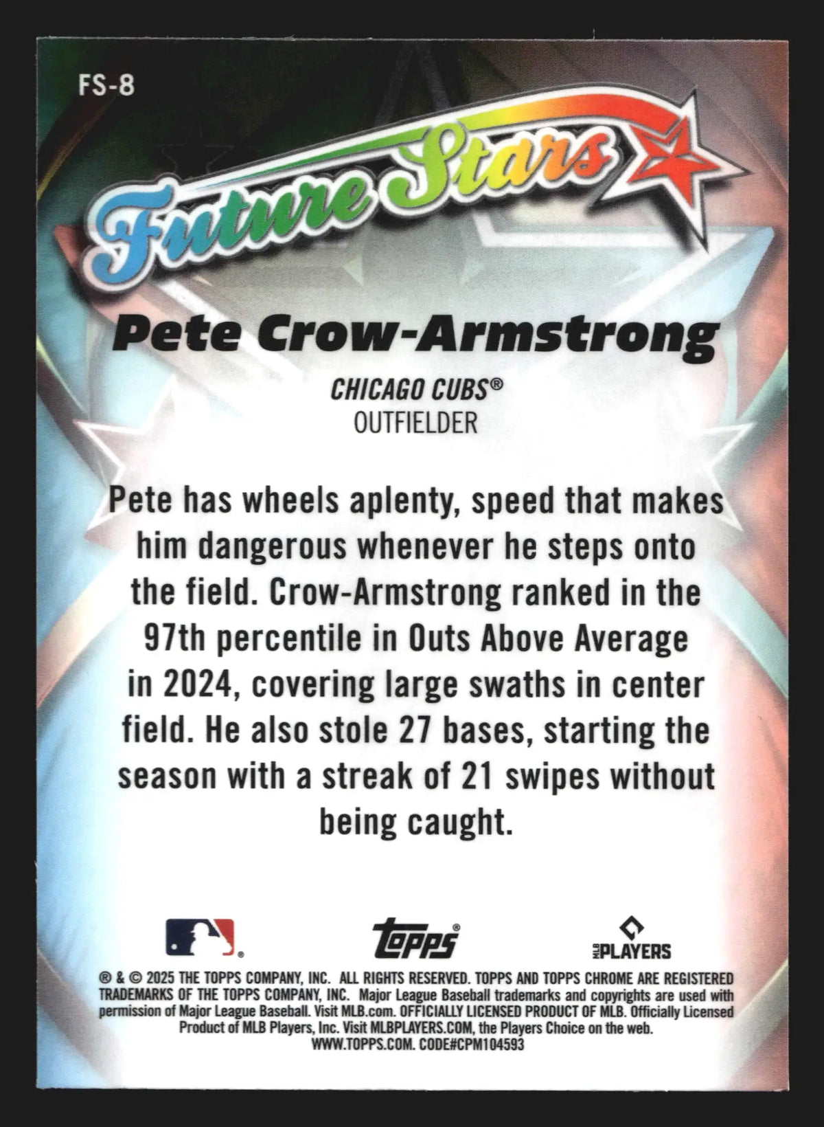 2025 Topps Chrome Future Stars Pete Crow-Armstrong #FS-8 Cubs - Baseball Card Single