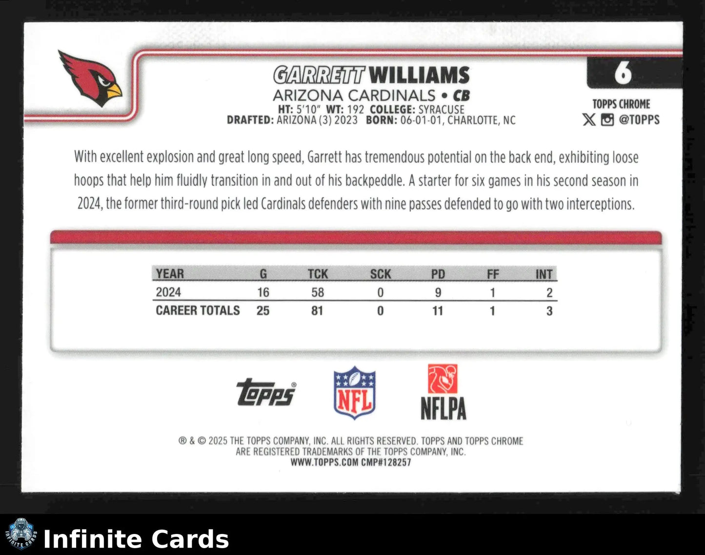2025 Topps Chrome GARRETT WILLIAMS #6 Arizona Cardinals - Football Card Single