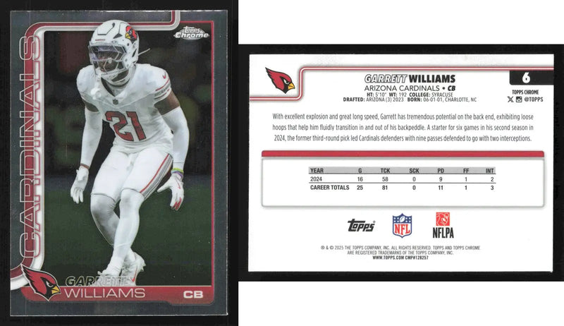 2025 Topps Chrome GARRETT WILLIAMS #6 Arizona Cardinals - Football Card Single