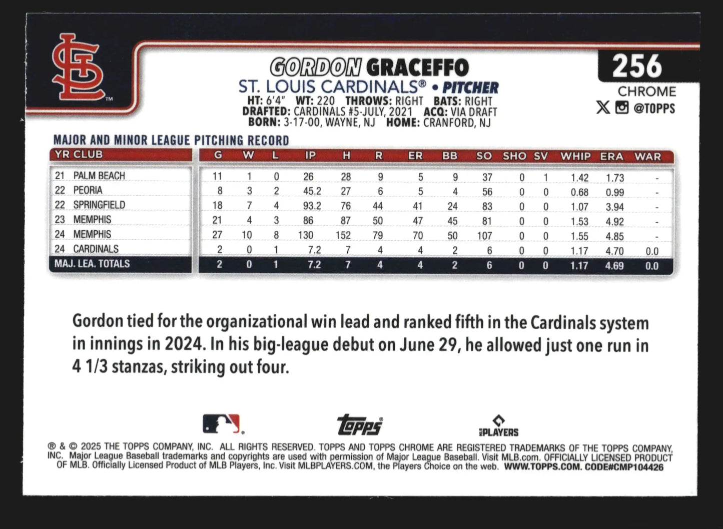 2025 Topps Chrome Gordon Graceffo #256 Ray Wave Refractor RC Cardinals - Baseball Card Single