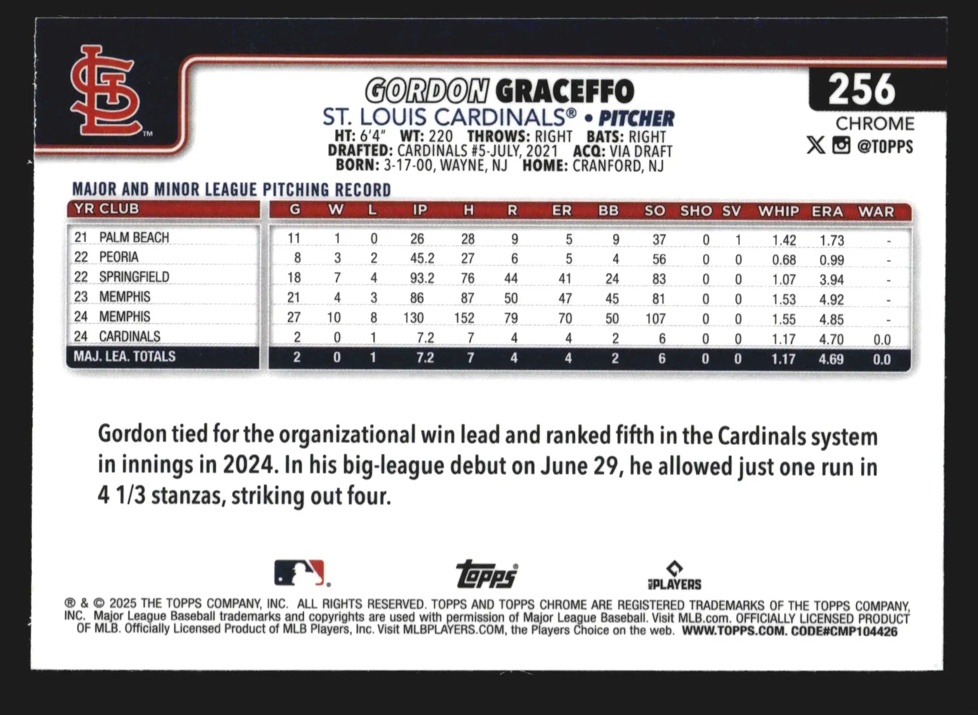 2025 Topps Chrome Gordon Graceffo #256 Ray Wave Refractor RC Cardinals - Baseball Card Single
