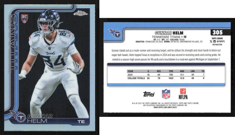 2025 Topps Chrome GUNNAR HELM #305 Refractor Tennessee Titans RC - Football Card Single