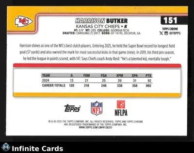 2025 Topps Chrome HARRISON BUTKER #151 Kansas City Chiefs - Football Card Single