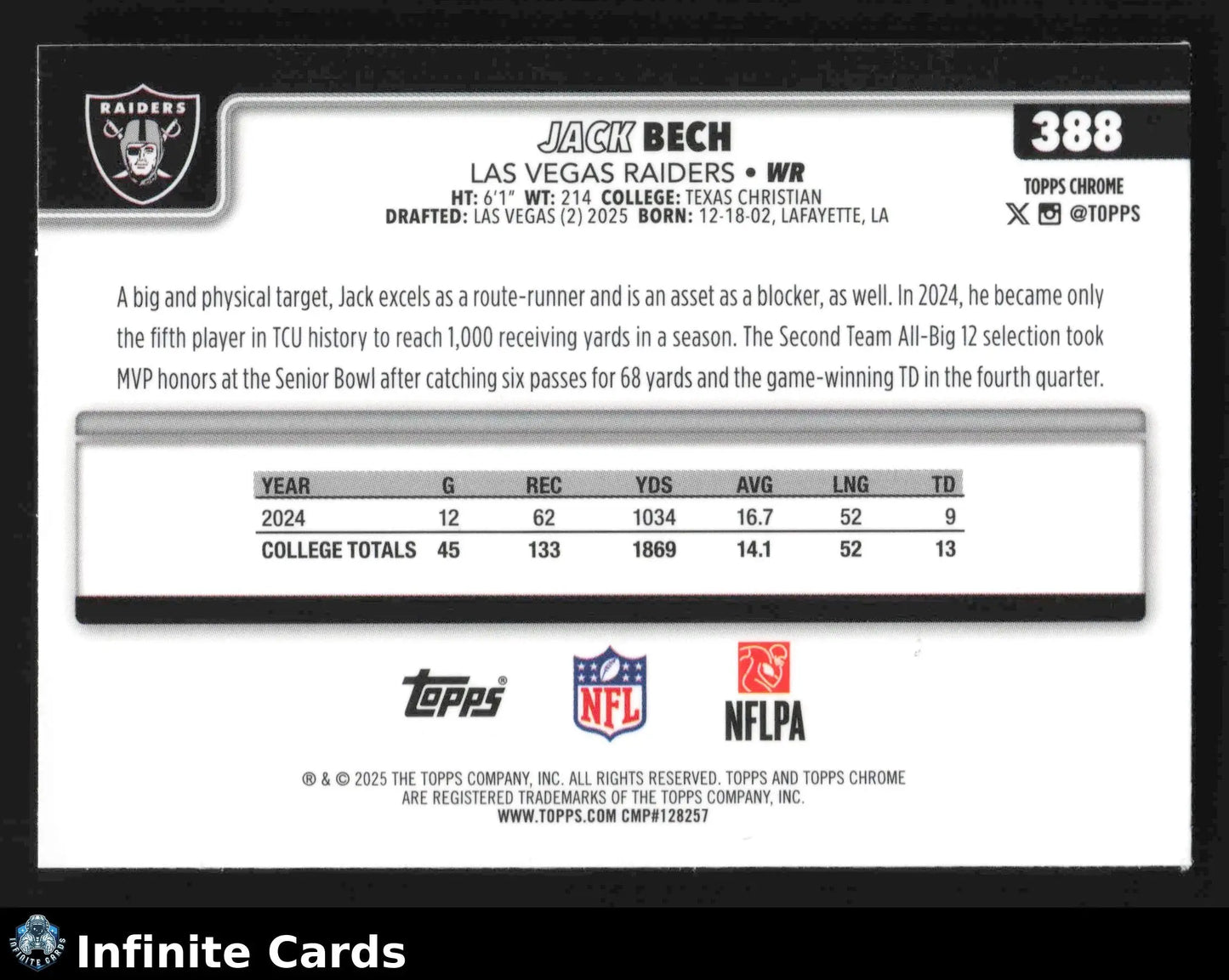 2025 Topps Chrome JACK BECH #388 Chrome Las Vegas Raiders RC - Football Card Single
