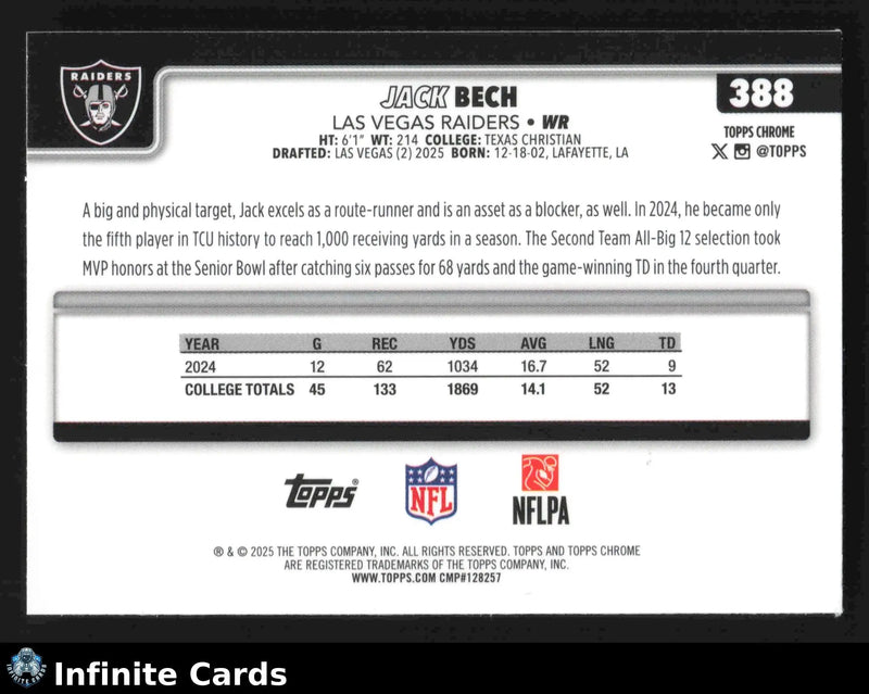 2025 Topps Chrome JACK BECH #388 Chrome Las Vegas Raiders RC - Football Card Single