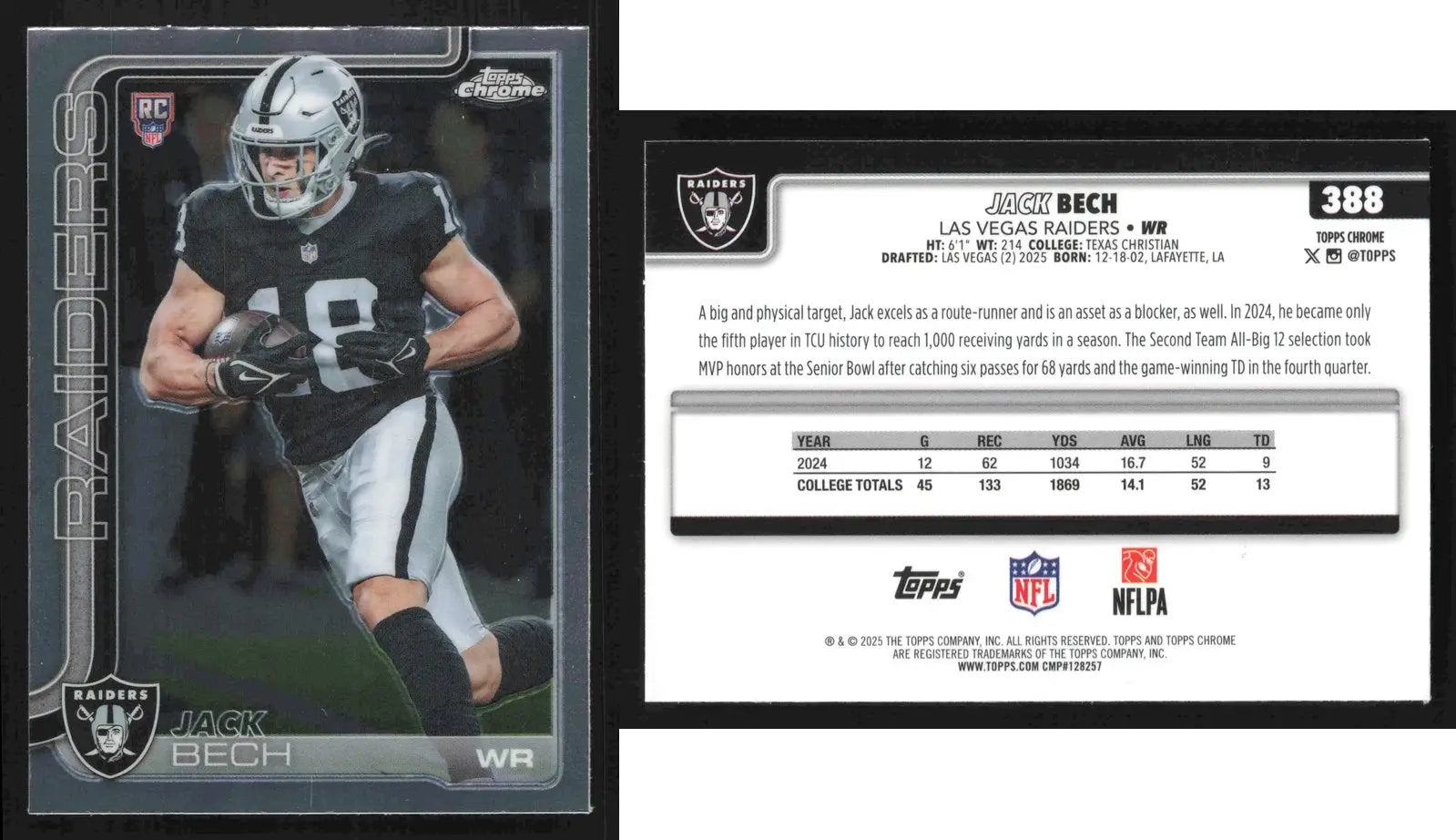 2025 Topps Chrome JACK BECH #388 Chrome Las Vegas Raiders RC - Football Card Single