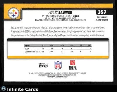 2025 Topps Chrome JACK SAWYER #357 Chrome Pittsburgh Steelers RC - Football Card Single