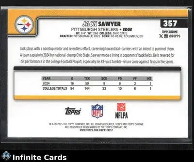 2025 Topps Chrome JACK SAWYER #357 X-Fractor Pittsburgh Steelers RC - Football Card Single