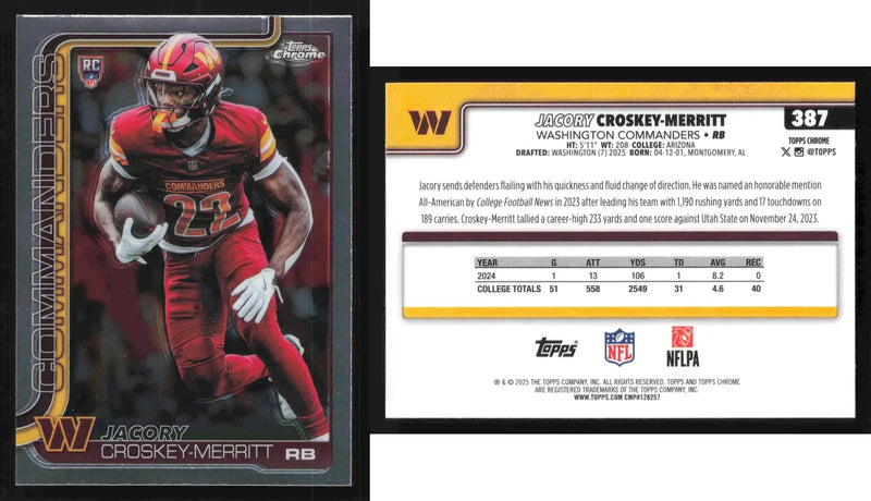 2025 Topps Chrome JACORY CROSKEY-MERRITT #387 Chrome Washington Commanders RC - Football Card Single