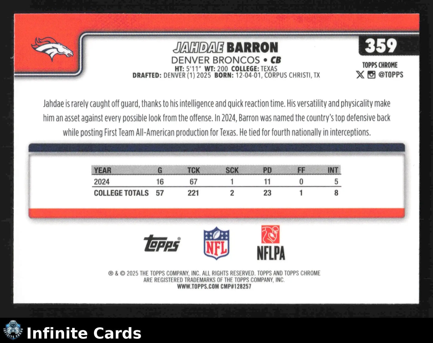 2025 Topps Chrome JAHDAE BARRON #359 Denver Broncos RC - Football Card Single